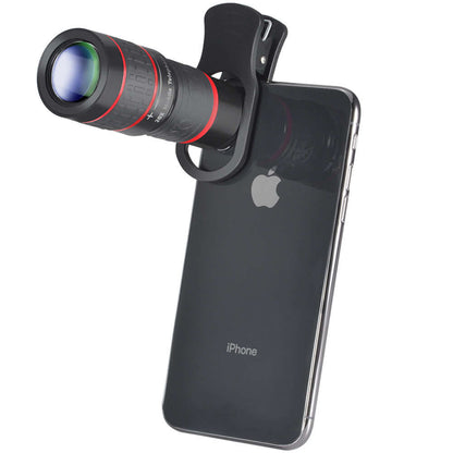 Dropshipman mobile phone telescope lens attached to black iPhone with clip for enhanced zoom photography