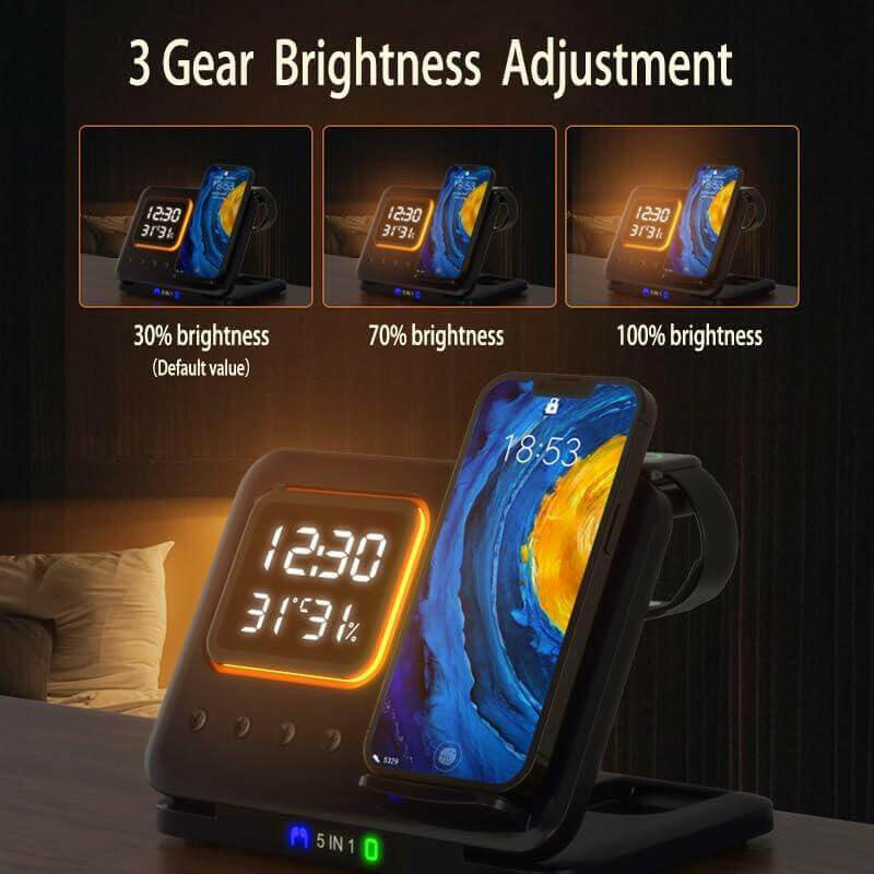 eprolo multi-device charging stand with 3 gear brightness adjustment showing digital clock and phone holder