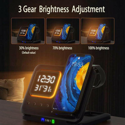 eprolo multi-device charging stand with 3 gear brightness adjustment showing digital clock and phone holder
