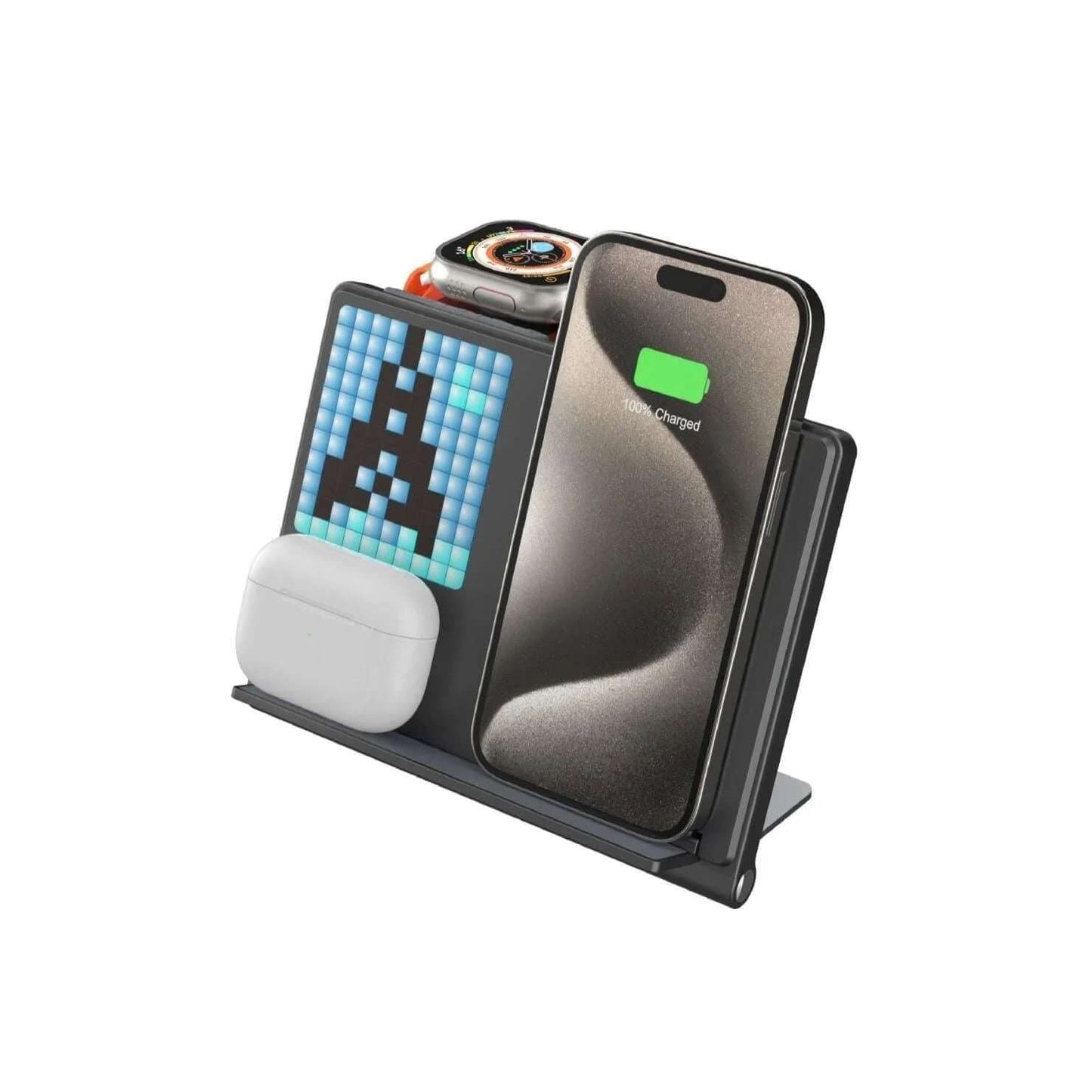 Eprolo multi device wireless charger stand charging smartphone, smartwatch, earbuds on black dock