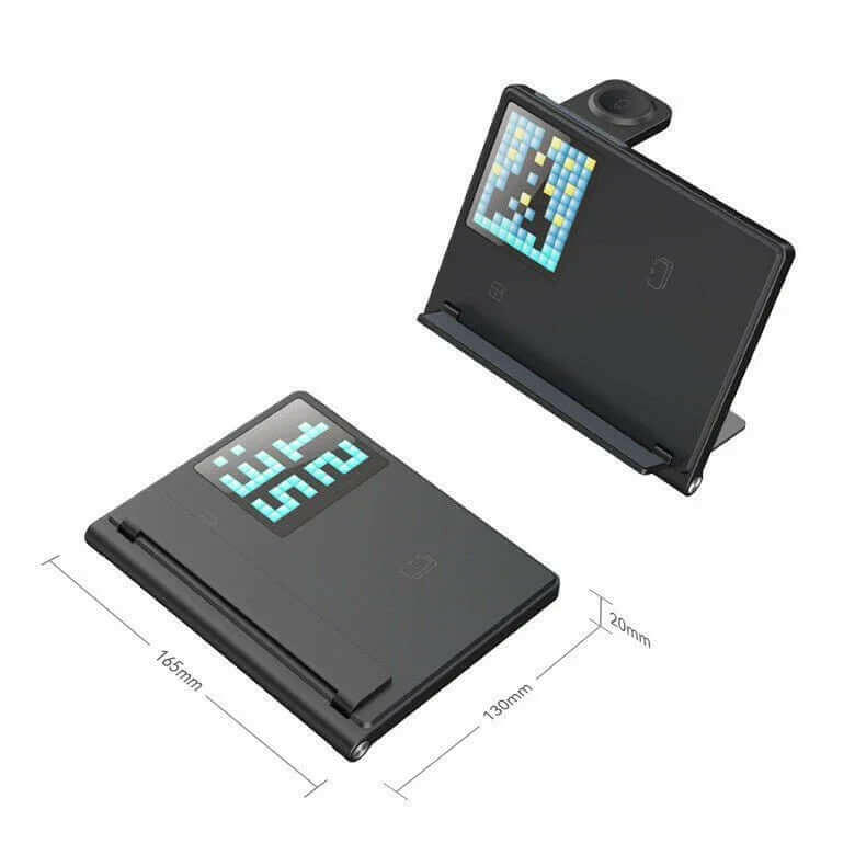 eprolo multi device wireless charger stand in black with digital display and compact foldable design