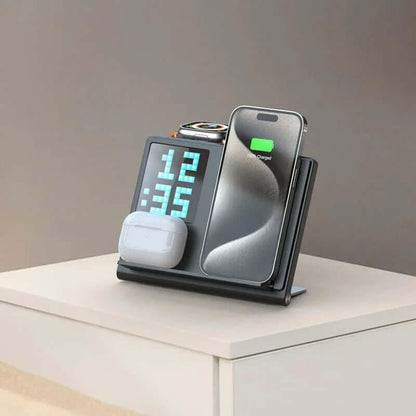 Eprolo multi device wireless charger stand charging smartphone smartwatch and earbuds on white table