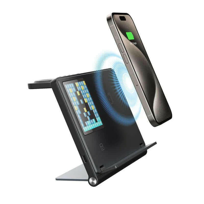 eProlo multi device wireless charger stand in black charging smartphone with foldable design