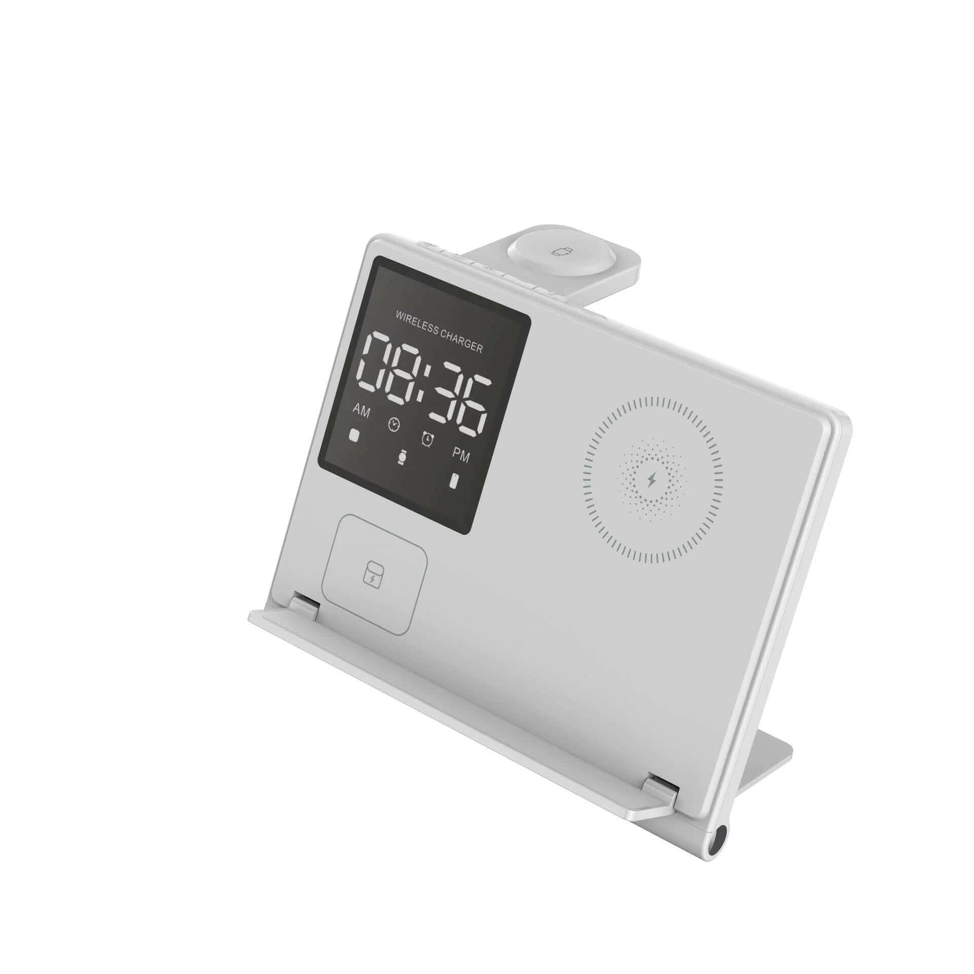 eprolo multi device wireless charger stand with digital clock display and sleek white design