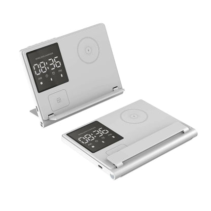 eprolo multi device wireless charger stand with digital clock display in silver foldable design