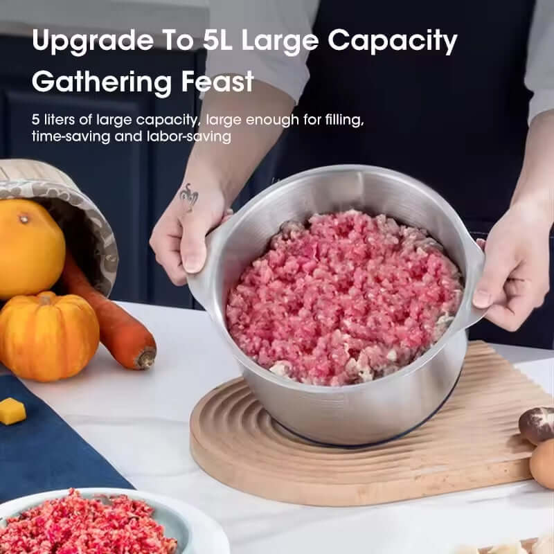 Electric multifunctional food processor with 5L large capacity bowl holding ground meat for meal prep