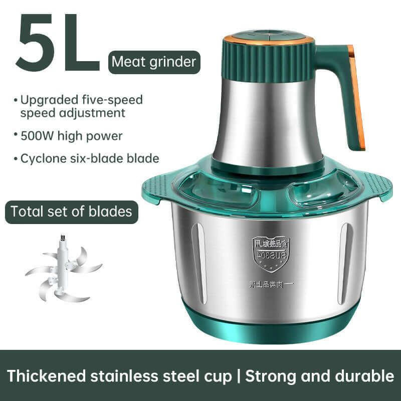 Electric multifunctional food processor with 5L stainless steel cup and five-speed meat grinder