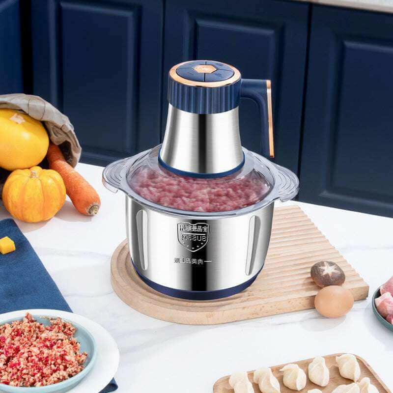 Electric multifunctional food processor by eprolo with stainless steel bowl chopping meat on kitchen countertop
