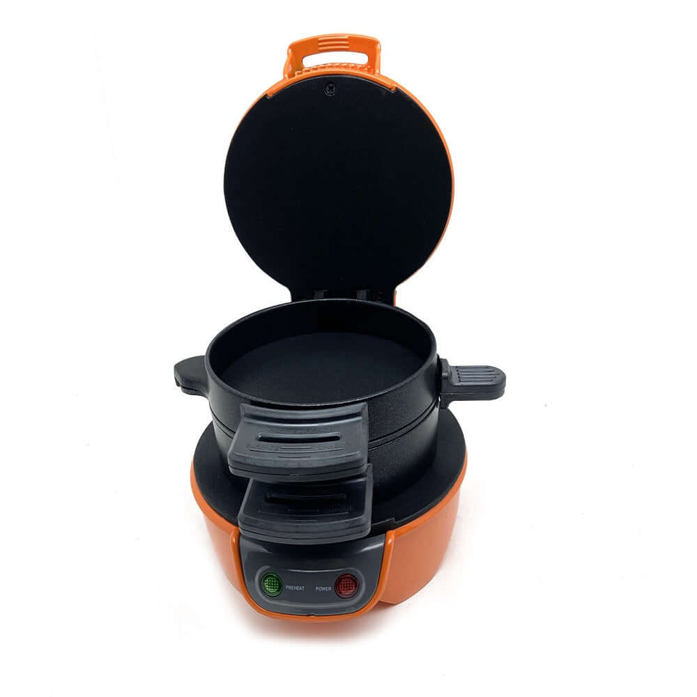 Open view of the orange Dropshipman Smart Kitchen Appliance For Sandwiches, featuring the easy sandwich machine's interior.