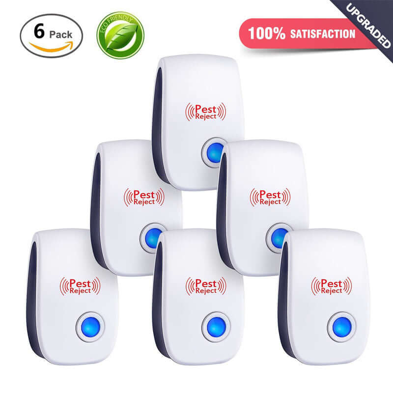 Six pack smart indoor pest repellent devices with blue indicator lights and eco friendly design