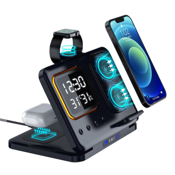 5 In 1 Phone Charger With Fast Charging, Desk Stand, LED Night Light & Clock For iPhone & More - B5135FC45DD74CB6896276EFBEA250AD