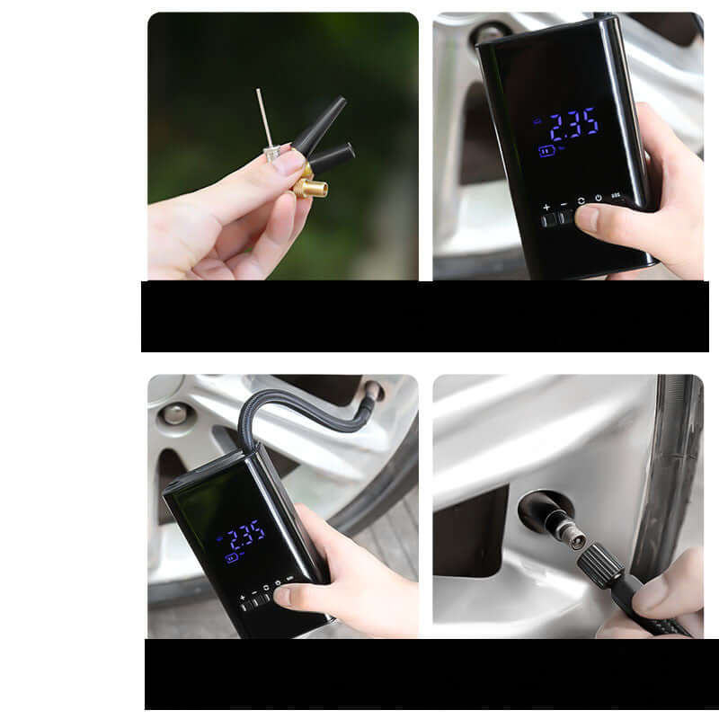 Portable car tire inflator with digital display and multiple nozzle attachments in use on a car tire