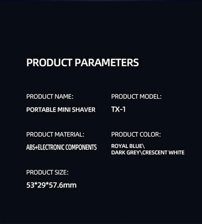 Product parameters for portable electric shaver for men including model TX-1 and size 53x29x57.6mm