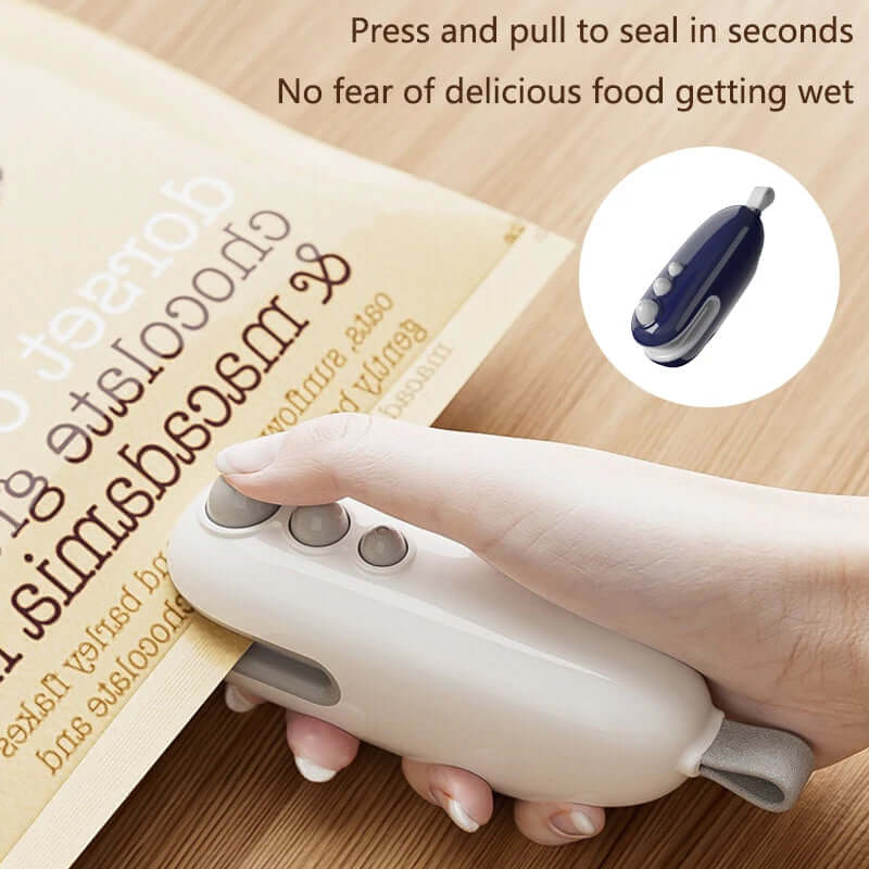 eprolo Portable Sealing Device in white sealing a food package to keep it fresh and dry
