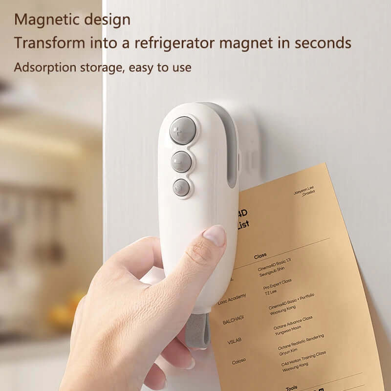 Hand holding eprolo Portable Sealing Device with magnetic design attached to refrigerator