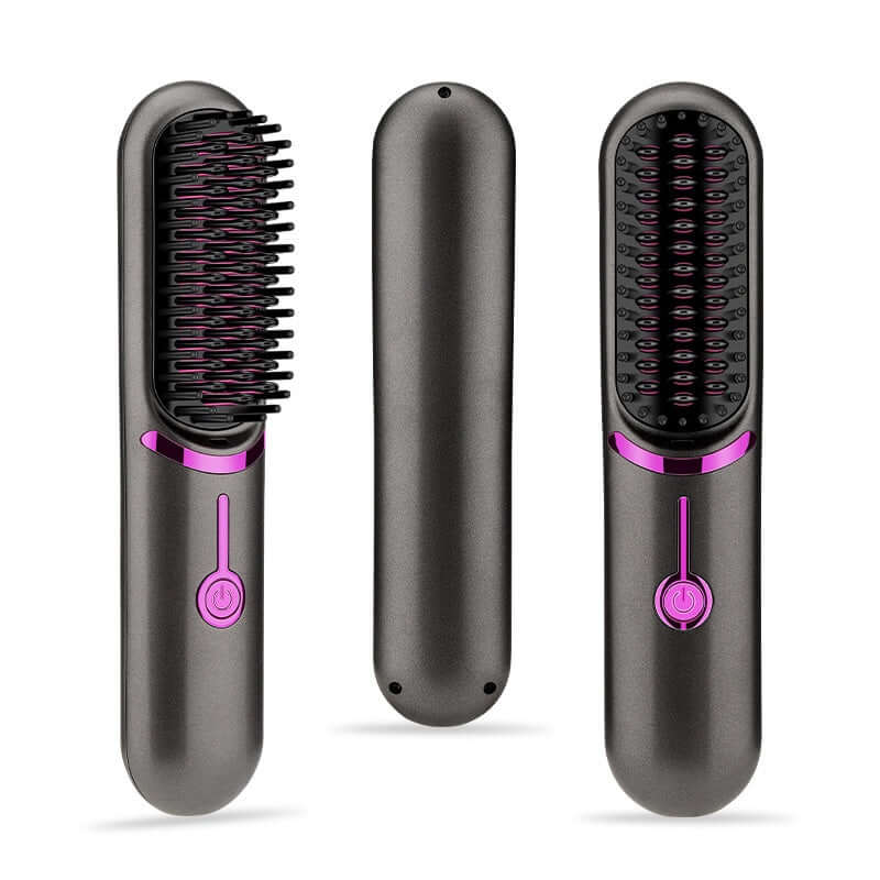 Portable USB charging hair straightener brush in black with purple accents shown from three angles