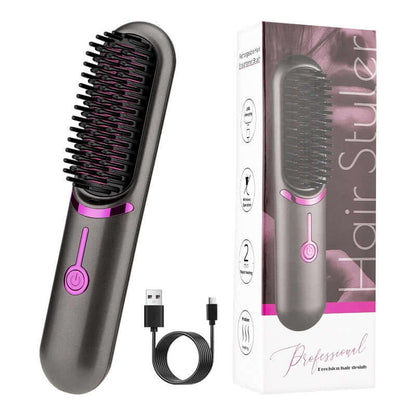 Portable USB charging hair straightener brush with black and pink design and USB cable by Dropshipman