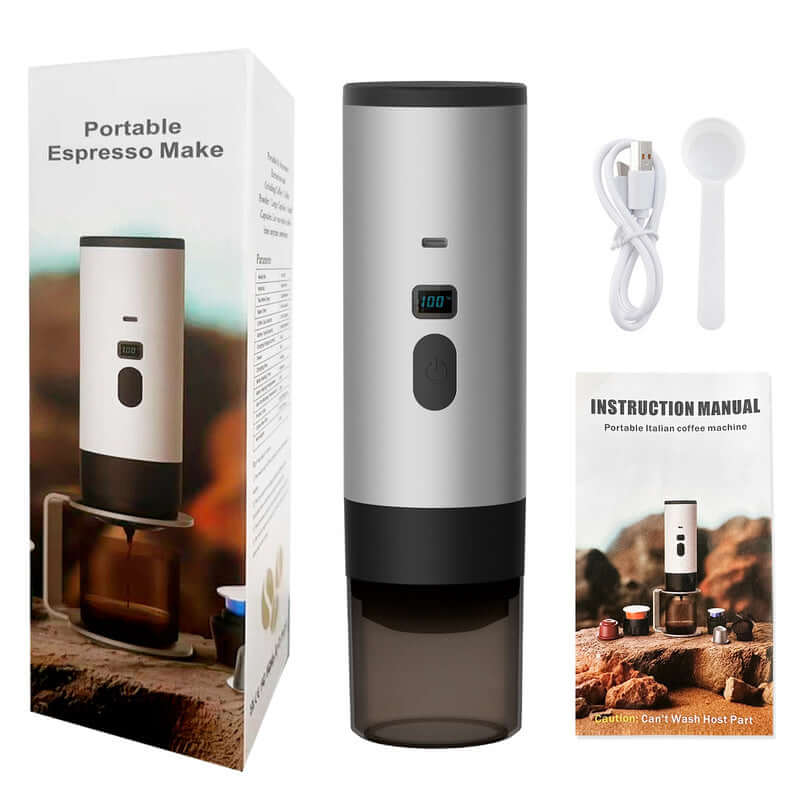 Portable Espresso Maker with 7800mAh Battery showcased with instructions and accessories for wireless, on-the-go brewing.