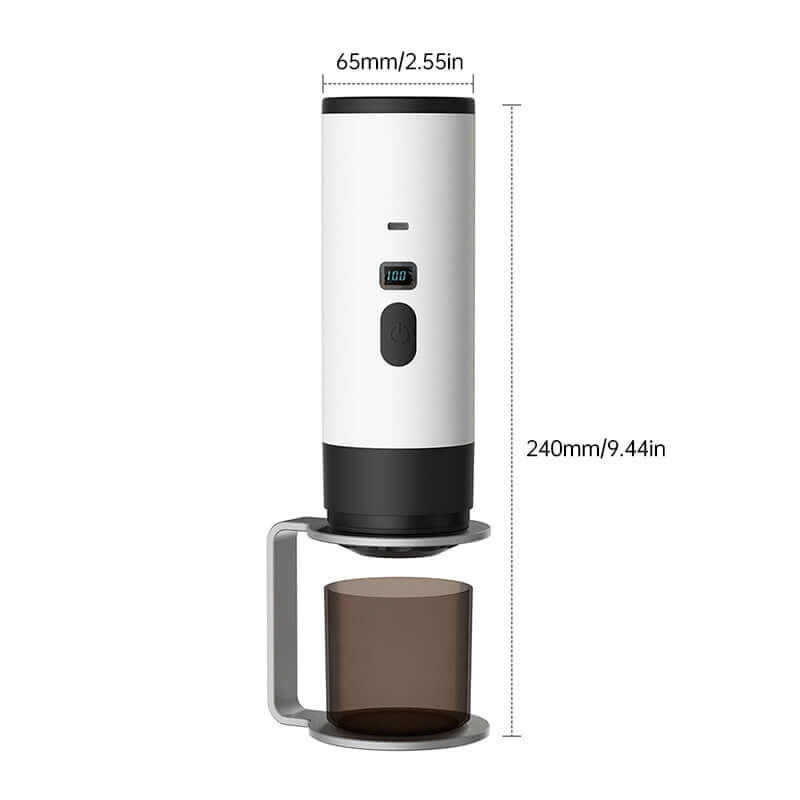 Dimensions of the Portable Espresso Maker with 7800mAh Battery, emphasizing its compact design for easy portability in on-the-go brewing.