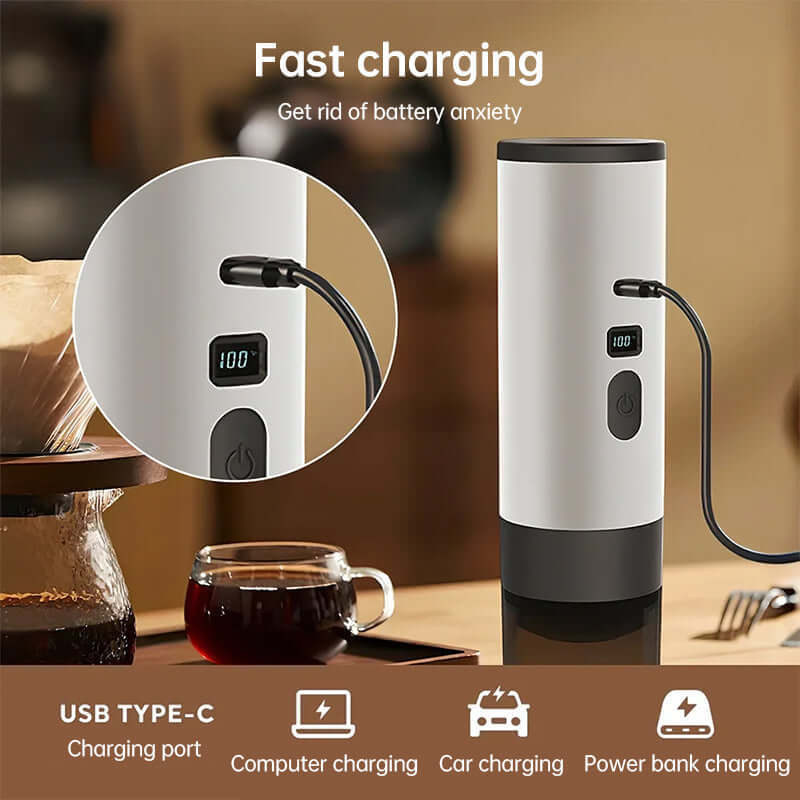 Portable Espresso Maker with 7800mAh Battery shown charging via USB, emphasizing its feature for convenient on-the-go use.
