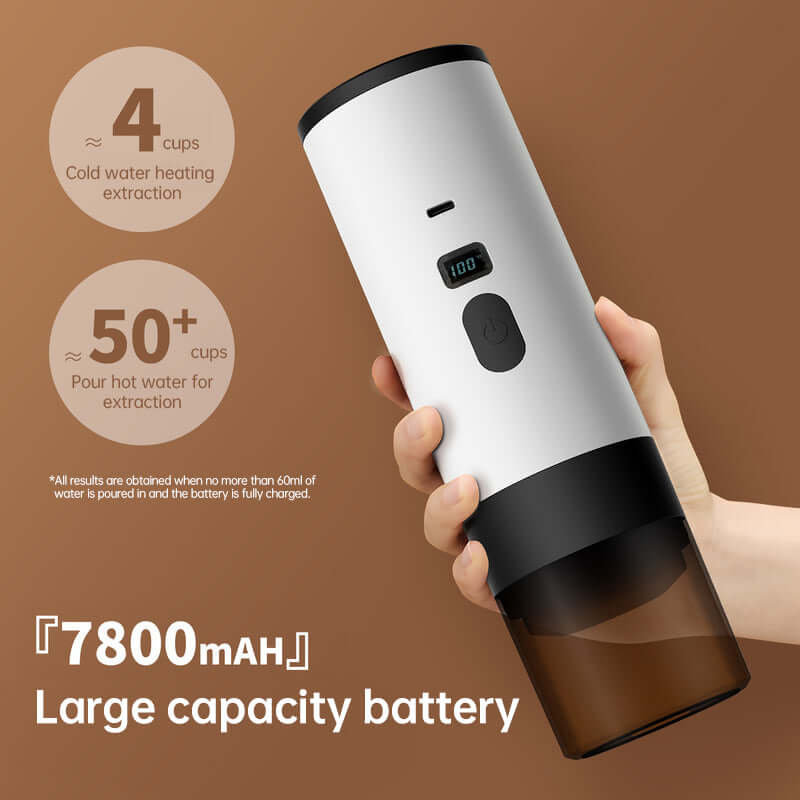 Showing Portable Espresso Maker with 7800mAh Battery demonstrating its large capacity battery for extended on-the-go espresso brewing.