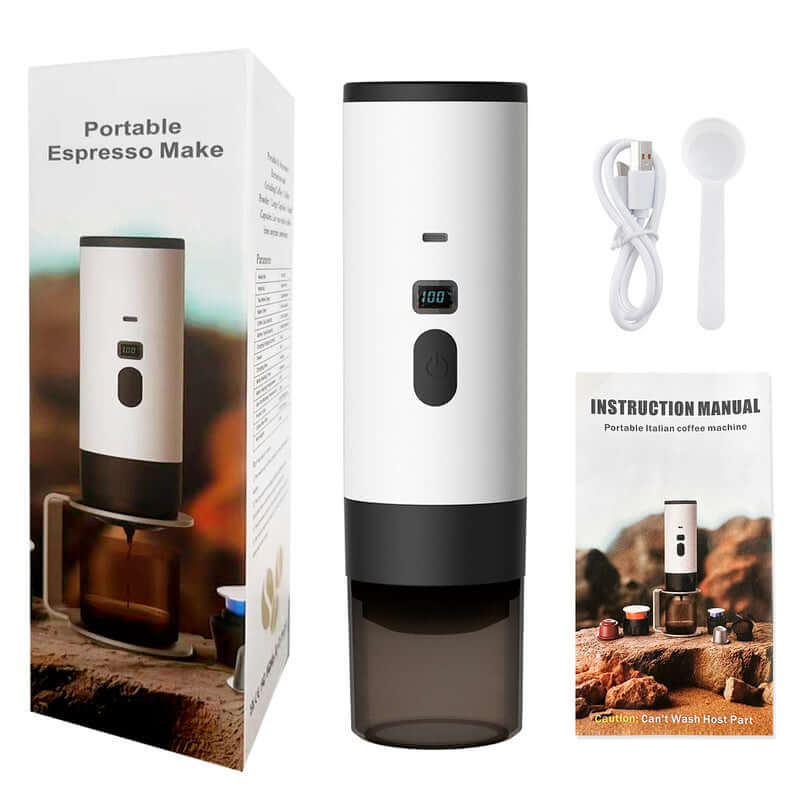 Sleek white Portable Espresso Maker with 7800mAh Battery paired with accessories, ideal for convenient on-the-go espresso.