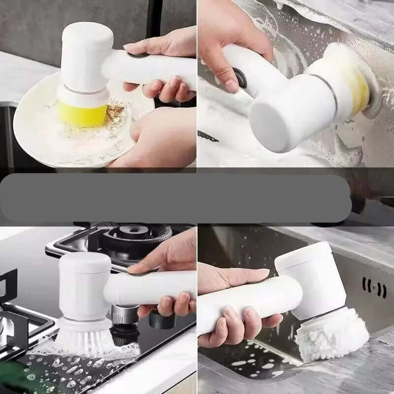 Powerful cleaning brush for kitchen with white handle scrubbing dishes, stove, sink, and surfaces