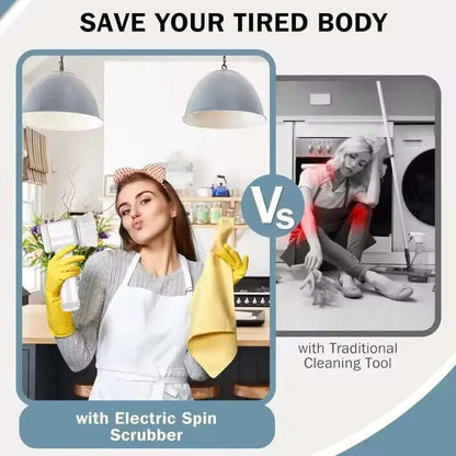 Comparison of powerful cleaning brush for kitchen with electric spin scrubber versus traditional cleaning tool showing ease of use