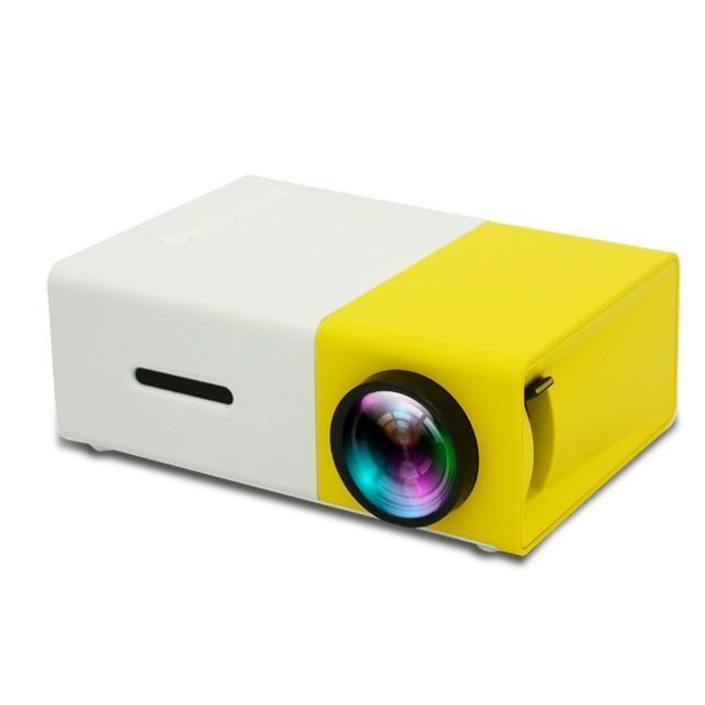 The stylish Ultra HD Mini Projector by Ecom brands in a classic yellow and white design, emphasizing its compact size and suitability for various entertainment scenarios. ares-projector