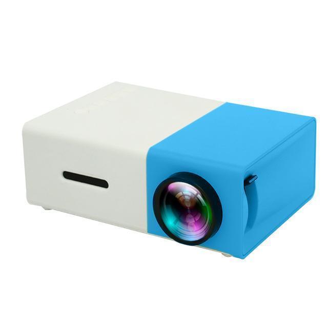 A vibrant blue Ultra HD Mini Projector by Ecom brands displayed on a white background, highlighting its unique color choice and modern design for a fun viewing experience. ares-projector