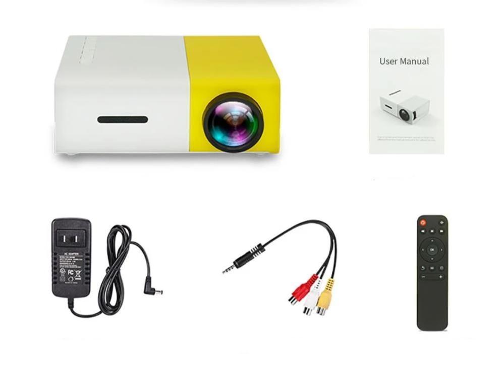 A flat lay of the Ultra HD Mini Projector by Ecom brands accompanied by its accessories, including a power adapter, AV cable, and remote control, showcasing the complete package for users. ares-projector