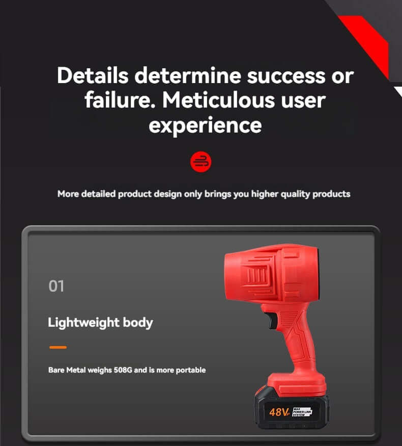 Red rechargeable air blower with lightweight body and 48V battery by eprolo shown against dark background