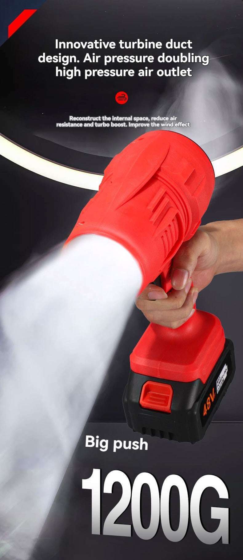 eprolo rechargeable air blower with innovative turbine duct and high pressure air outlet in red