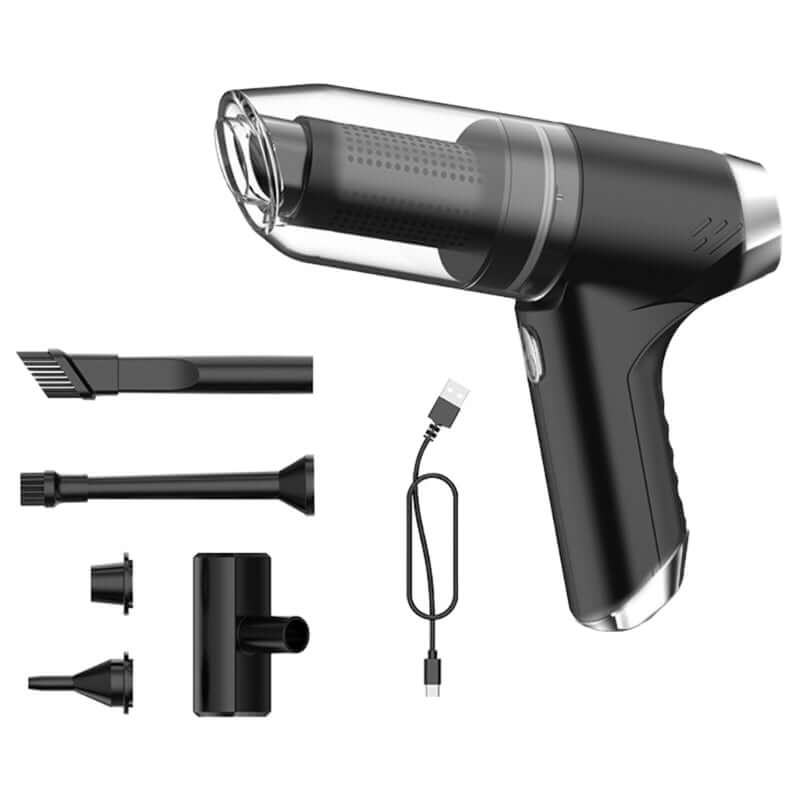 Rechargeable compact vacuum cleaner with multiple attachments and USB charging cable in black by eprolo