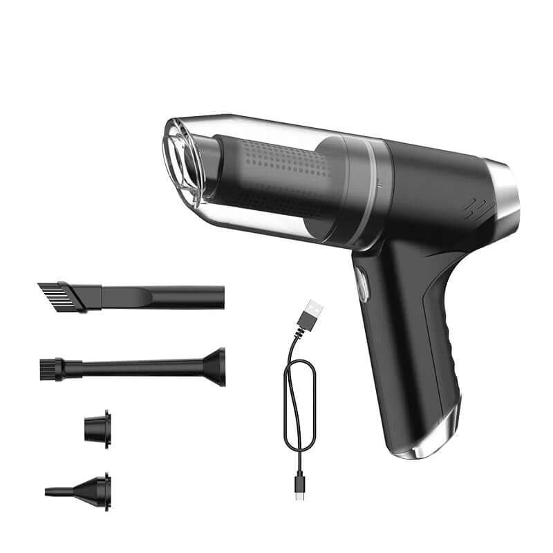 eprolo rechargeable compact vacuum cleaner in black with multiple nozzle attachments and USB charging cable
