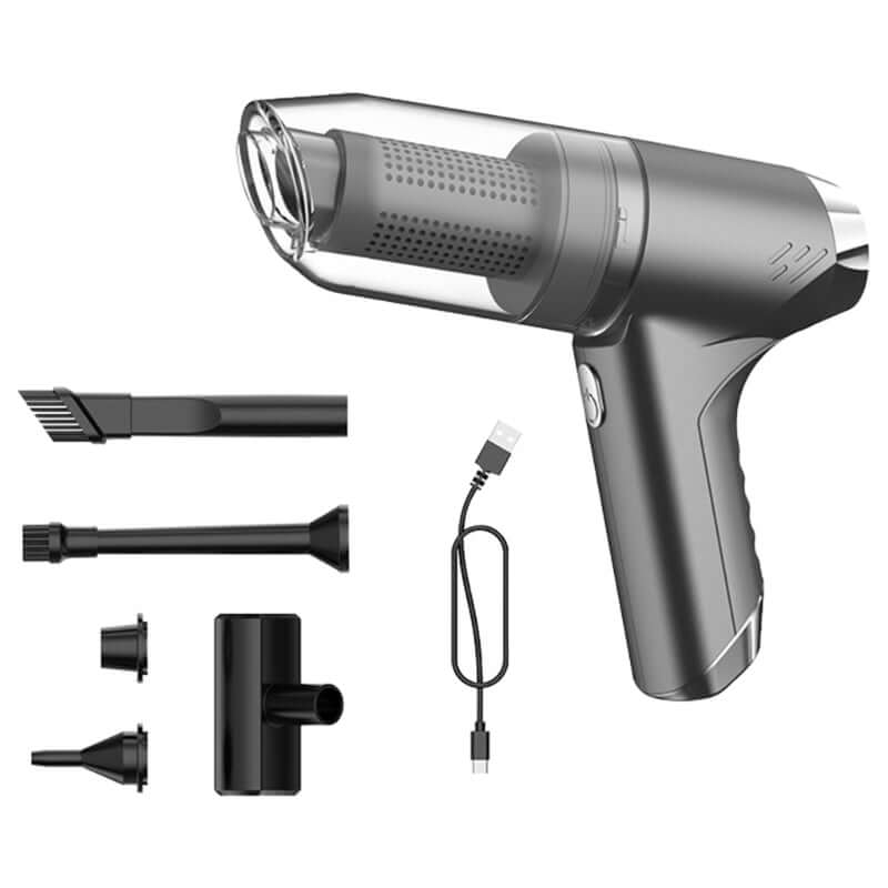 Eprolo rechargeable compact vacuum cleaner with multiple attachments and USB charging cable in gray