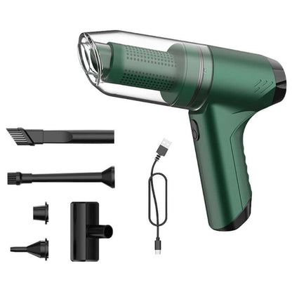 eprolo rechargeable compact vacuum cleaner in green with multiple cleaning attachments and USB charging cable
