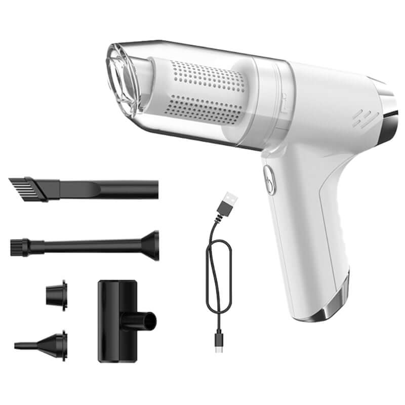 White rechargeable compact vacuum cleaner with multiple attachments and USB charging cable by eprolo