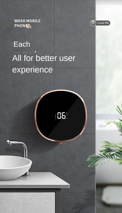 CozyTech Living rechargeable touchless soap dispenser mounted on bathroom wall with digital display