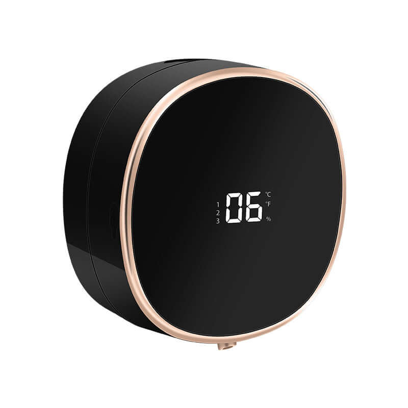 CozyTech Living black rechargeable touchless soap dispenser with digital display and rose gold trim