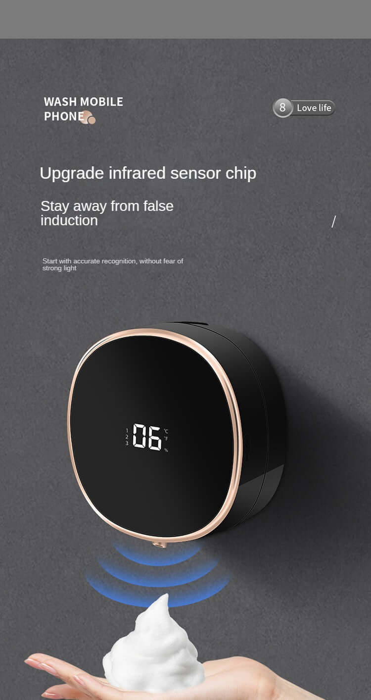 CozyTech Living rechargeable touchless soap dispenser with infrared sensor and digital display on black wall