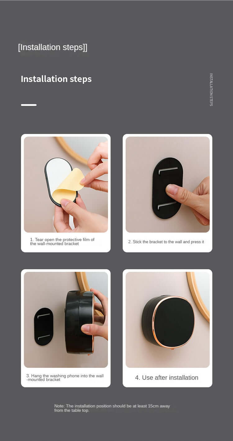 Step-by-step installation guide for CozyTech Living rechargeable touchless soap dispenser with wall bracket and mounting instructions