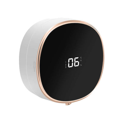 CozyTech Living rechargeable touchless soap dispenser with digital display and sleek black and gold design