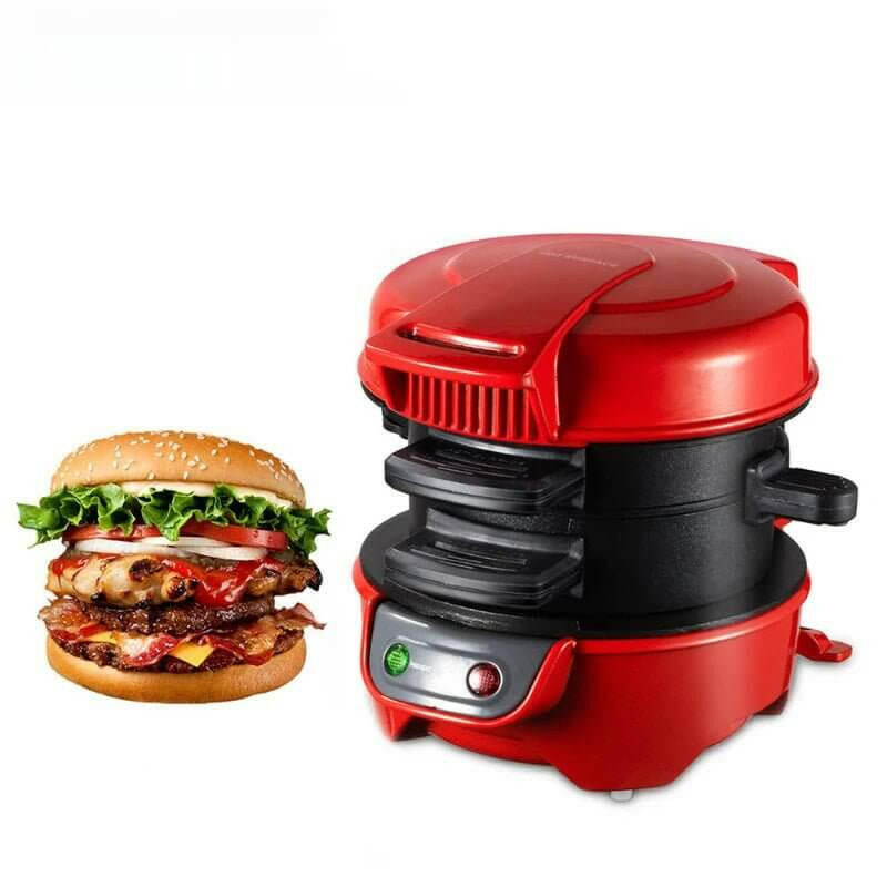 Dropshipman Smart Kitchen Appliance For Sandwiches - Red, featuring an easy sandwich machine next to a delicious burger.