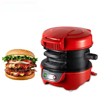 Dropshipman Smart Kitchen Appliance For Sandwiches - Red, featuring an easy sandwich machine next to a delicious burger.