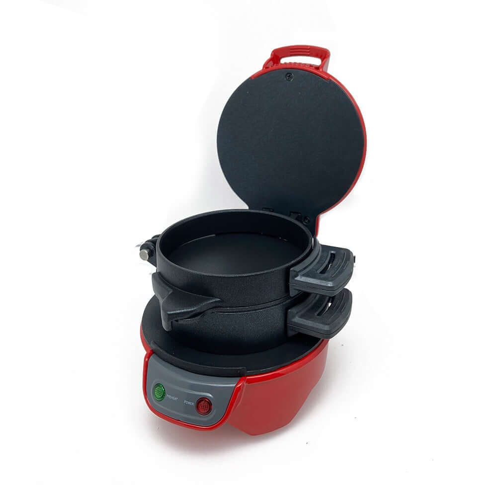 Open view of the red Dropshipman Smart Kitchen Appliance, showcasing space for ingredients in the easy sandwich machine.