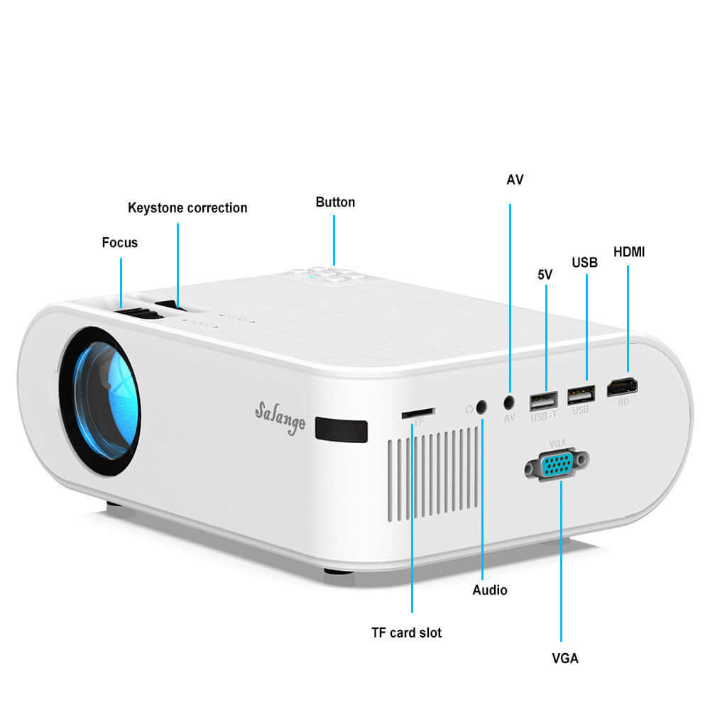 White portable home theater projector with focus, keystone correction, HDMI, USB, and VGA ports