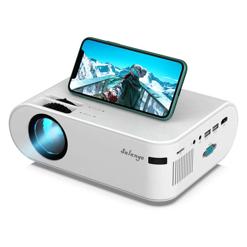 Dropshipman white Salange portable home theater projector with smartphone on top displaying mountain image