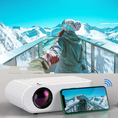 Dropshipman portable home theater projector displaying a scenic mountain image from a smartphone