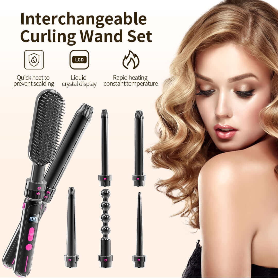 CozyTech Living interchangeable curling wand set with scalding prevention curling wand and five styling attachments